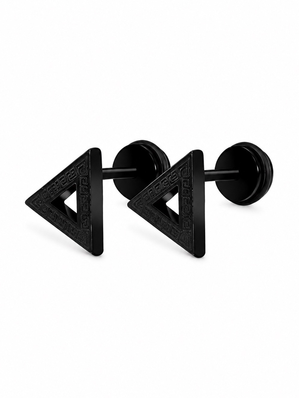 Black Greek Key Triangle Flat Back Earrings Stainless Steel Studs